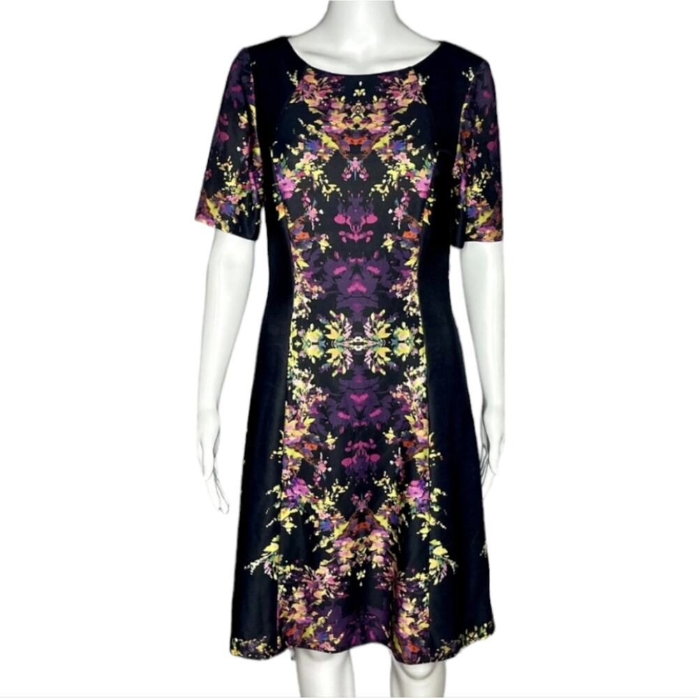 Tahari dress with a symmetrical multi-color design reminiscent of an ink blot te